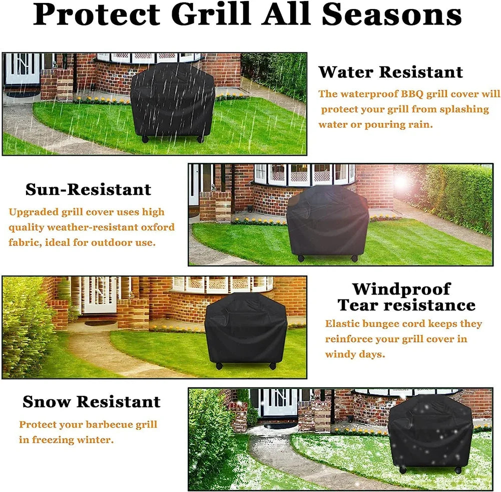 Black heavy duty grill cover protecting a barbecue grill from water, sun, and snow.