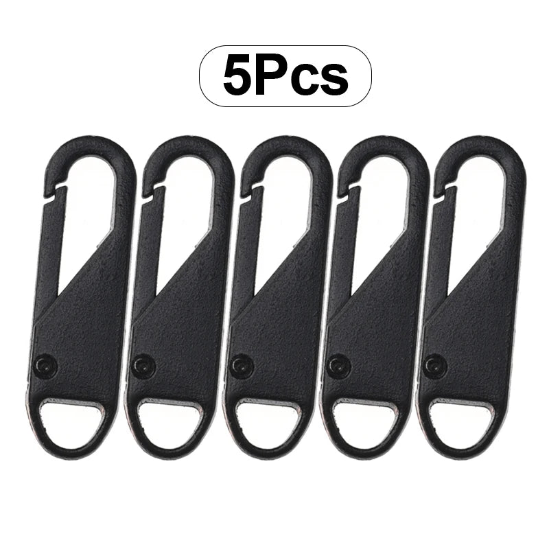 Five black zipper slider puller repair tools are displayed in a row.