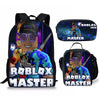A black backpack and a matching black pouch featuring Roblox Master graphics.