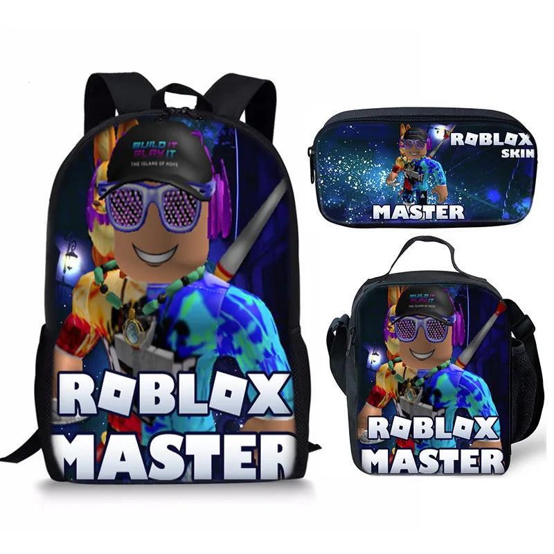 A black backpack and a matching black pouch featuring Roblox Master graphics.