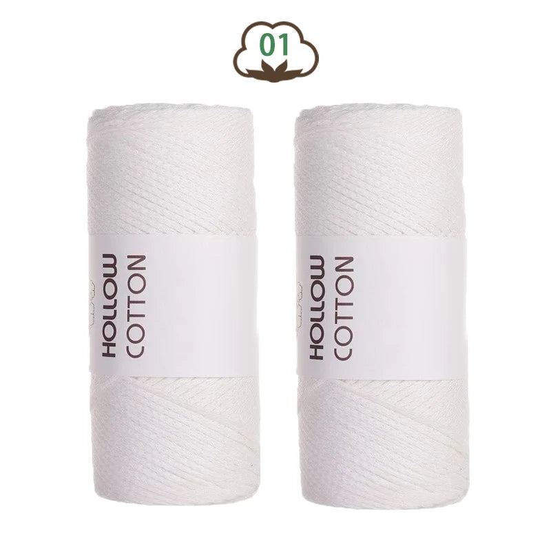 Two spools of white hollow cotton yarn for DIY crafting