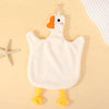 A cute cartoon goose hanging hand towel with an orange beak and yellow feet on a light background.