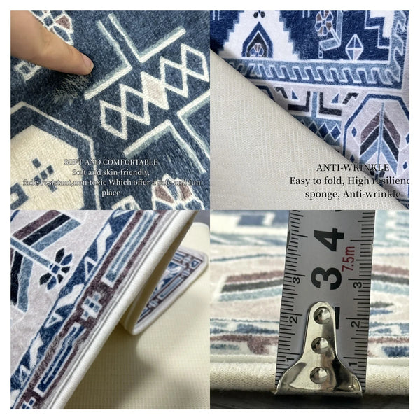 Close-up of a blue and white patterned floor mat showing its texture and anti-wrinkle features.