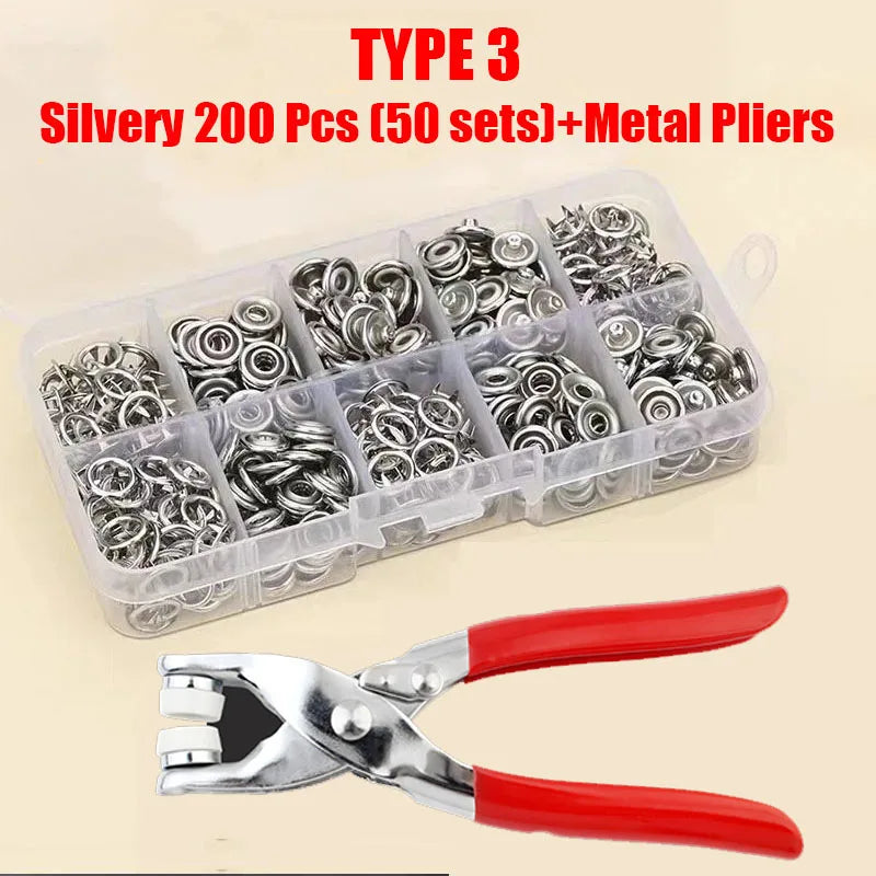 A set of 200 silvery metal prong snap buttons and metal pliers packaged in a clear plastic container.
