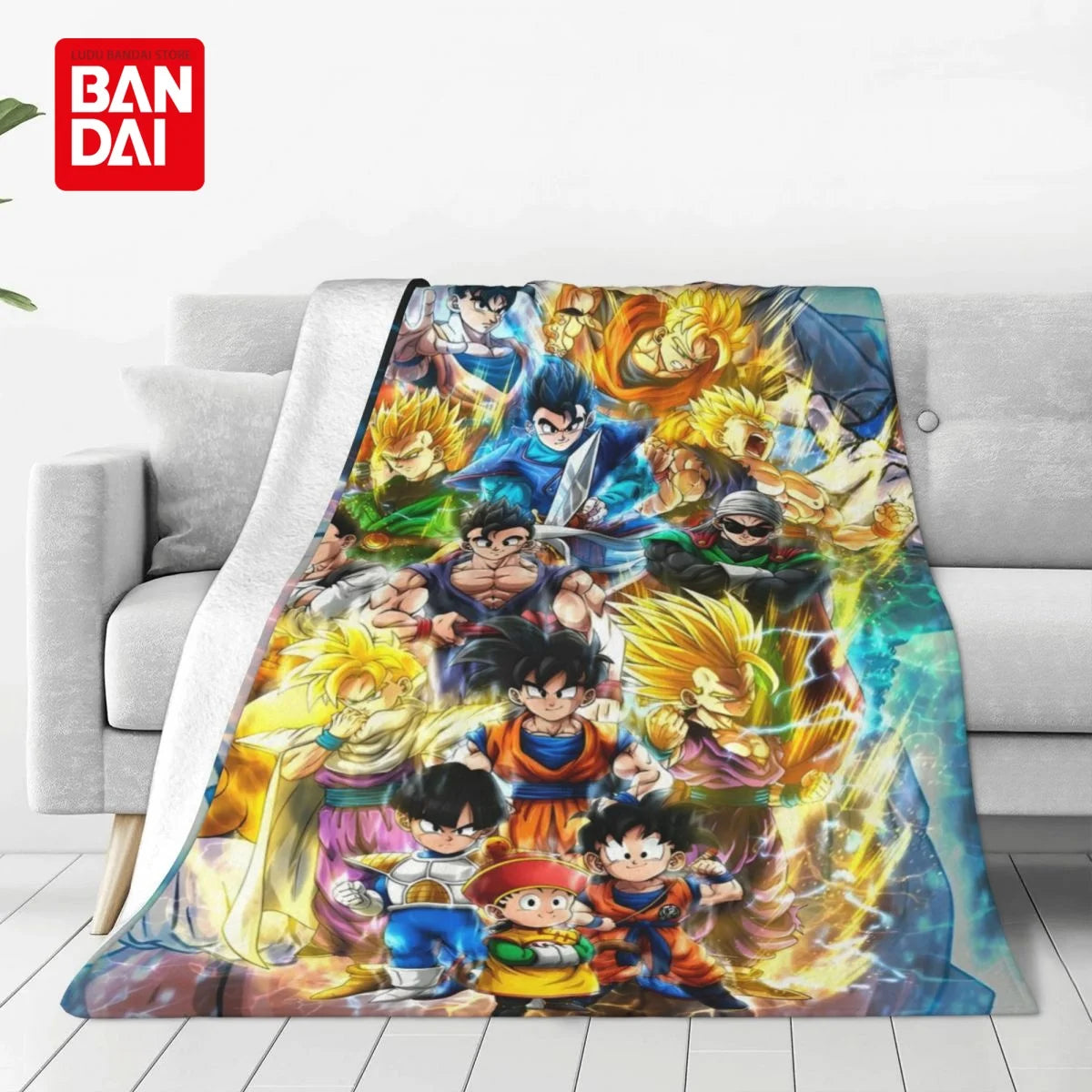 A colorful anime character flannel throw blanket featuring characters from Dragon Ball Z
