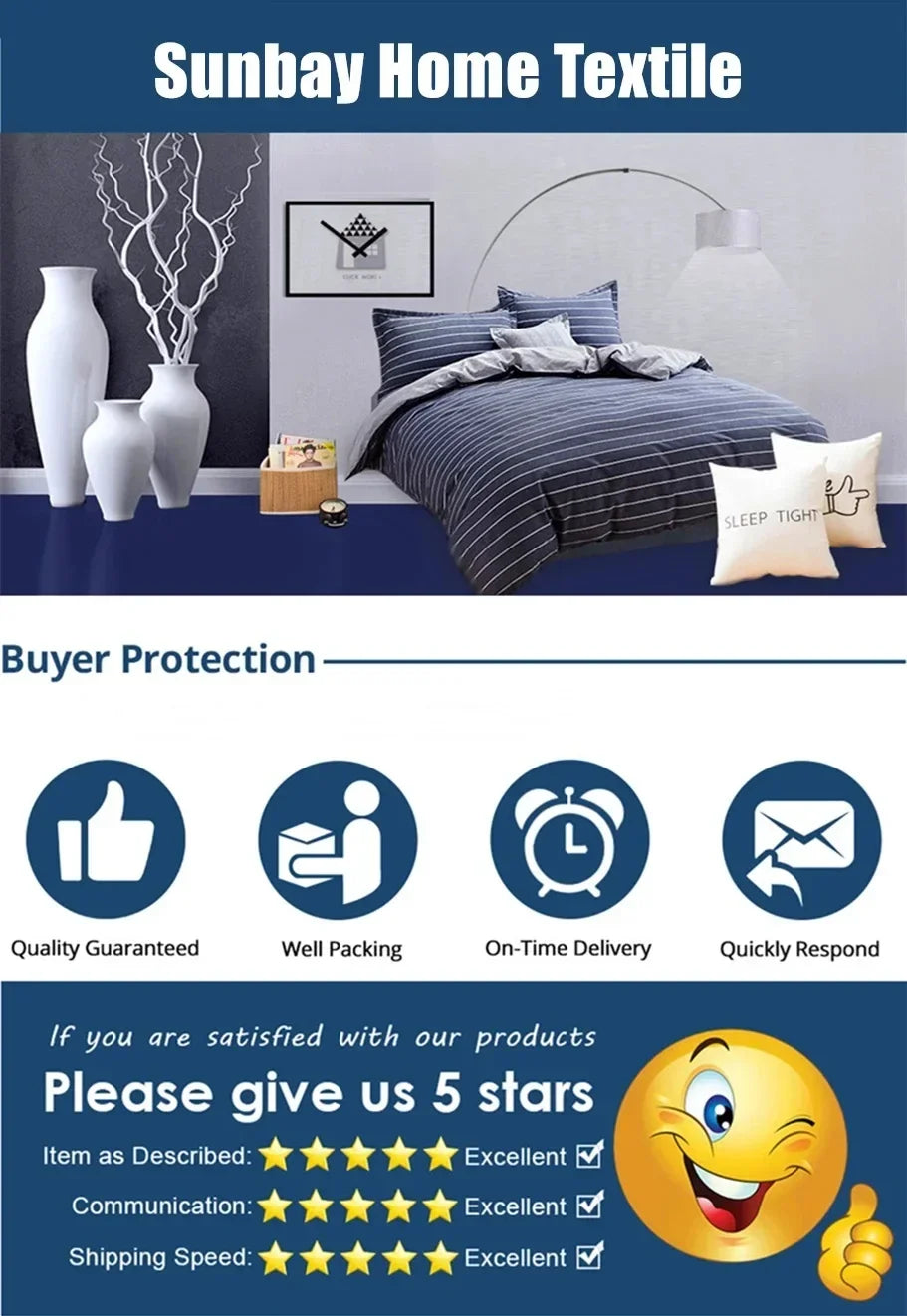 A dark blue bed with a striped duvet and pillows featuring a black and white pattern, set against a gray wall.
