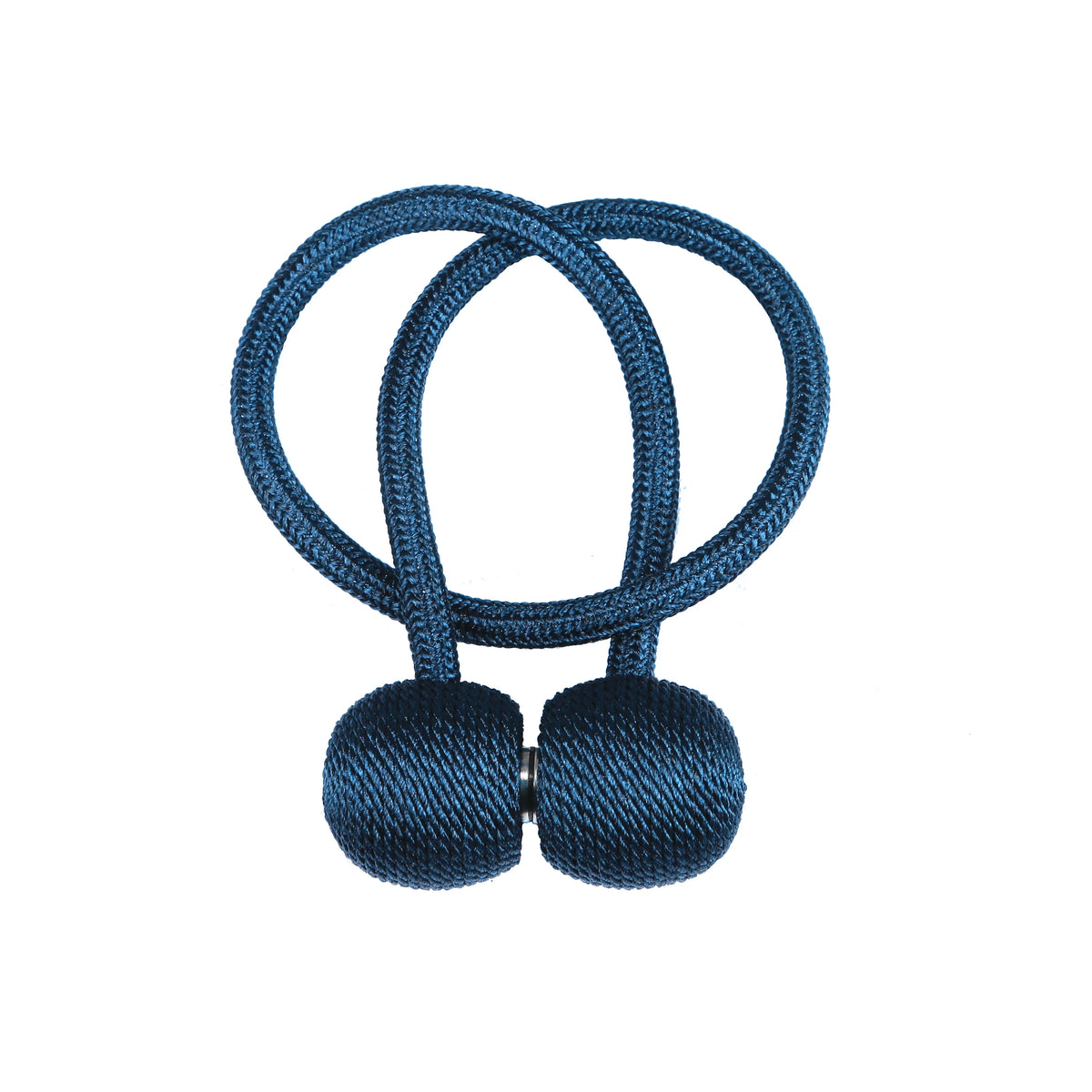 A pair of dark blue magnetic curtain tiebacks made of braided cord.