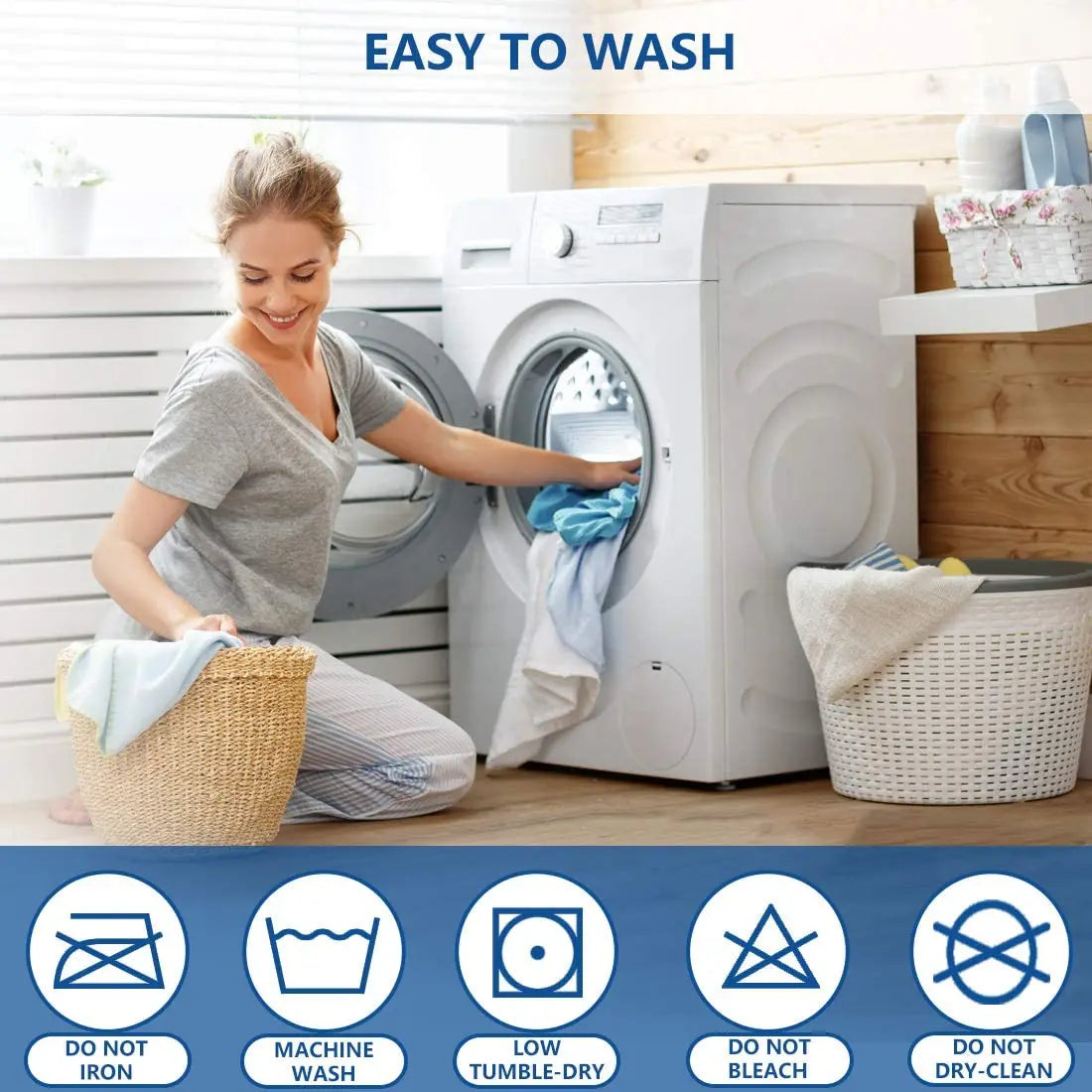 A woman is folding laundry near a white washing machine with various care symbols displayed.