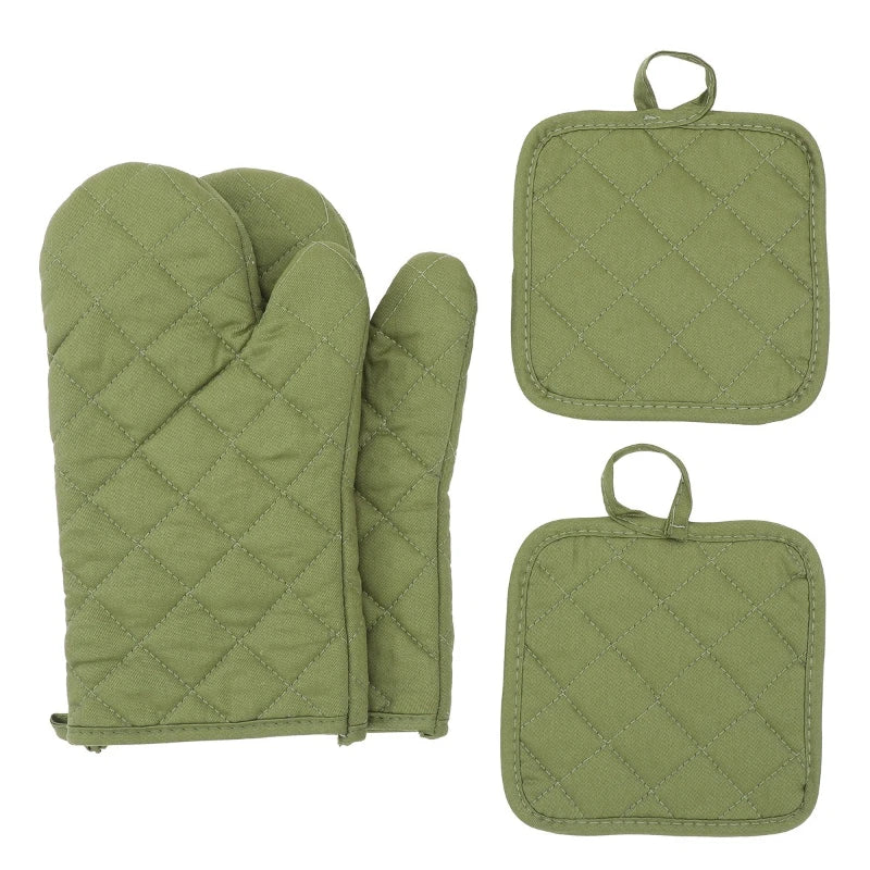 A set of olive green insulated heat resistant cooking gloves and matching silicone trivets.