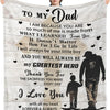 A gray knit blanket featuring a silhouette of a father and son, with text that reads To My Dad I am because you are so much o