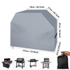 A gray waterproof BBQ grill cover shown in various configurations and sizes.