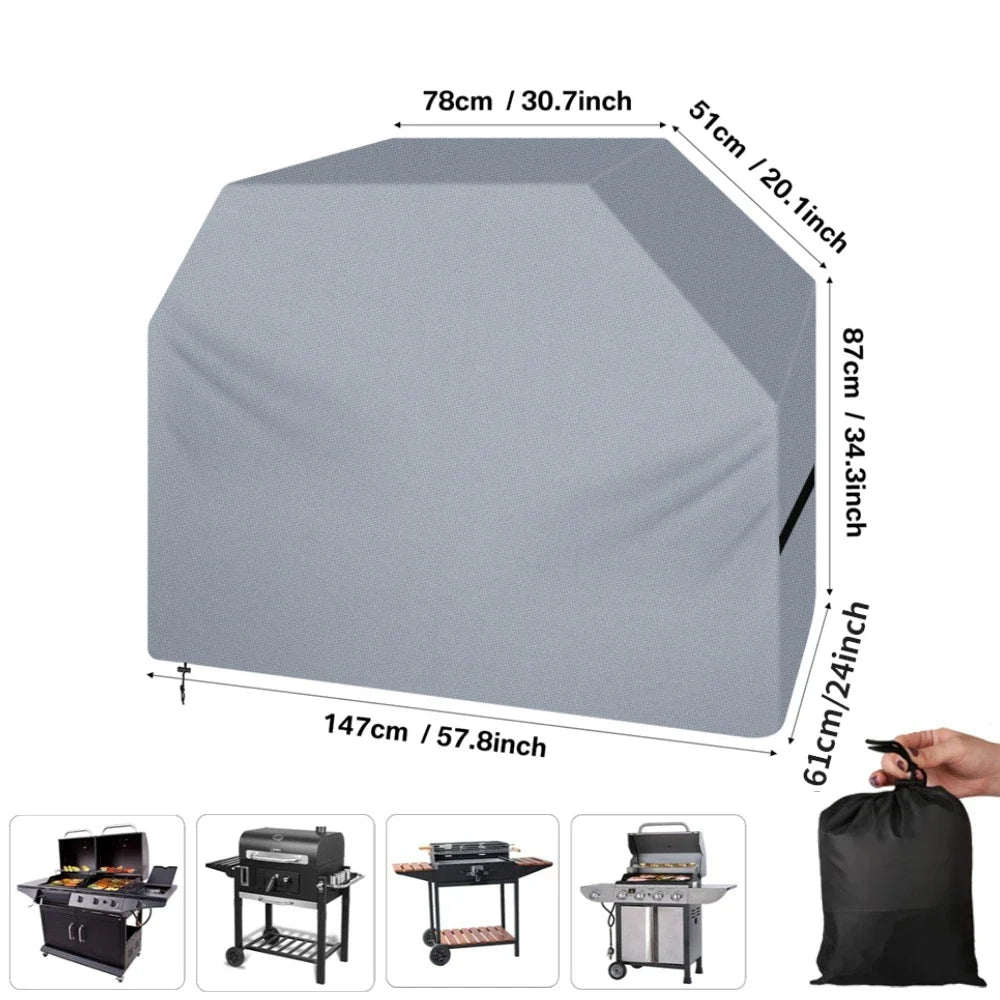 A gray waterproof BBQ grill cover shown in various configurations and sizes.