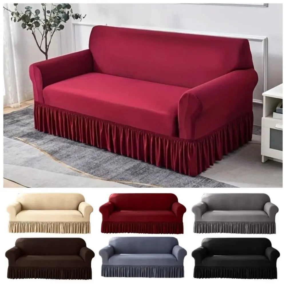 A collection of dustproof stretch sofa slipcovers in various colors including red, beige, gray, and black.
