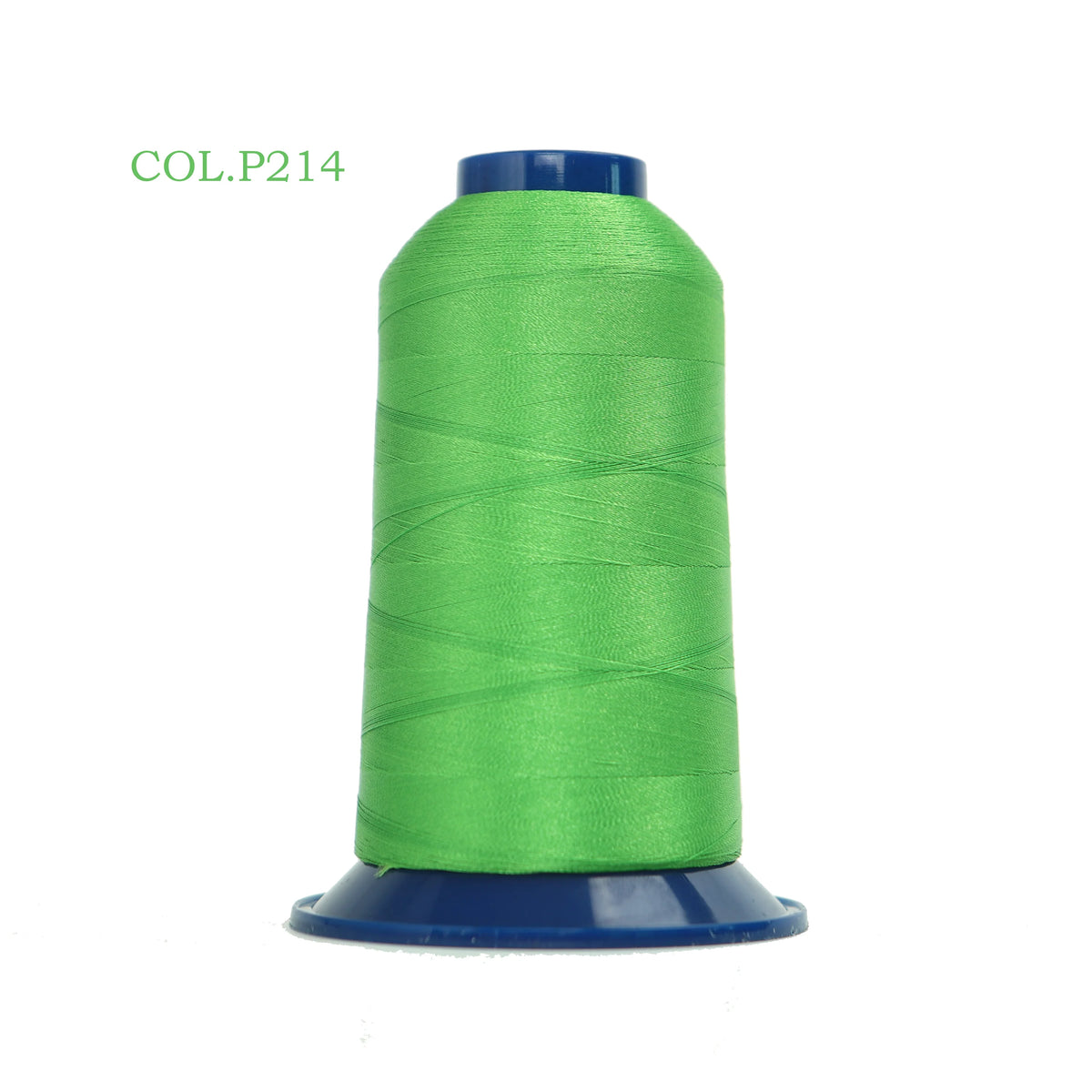 A spool of bright green polyester embroidery thread labeled COL.P214