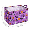 Purple foldable Halloween storage basket with handles featuring a pattern of skulls, bats, and pumpkins