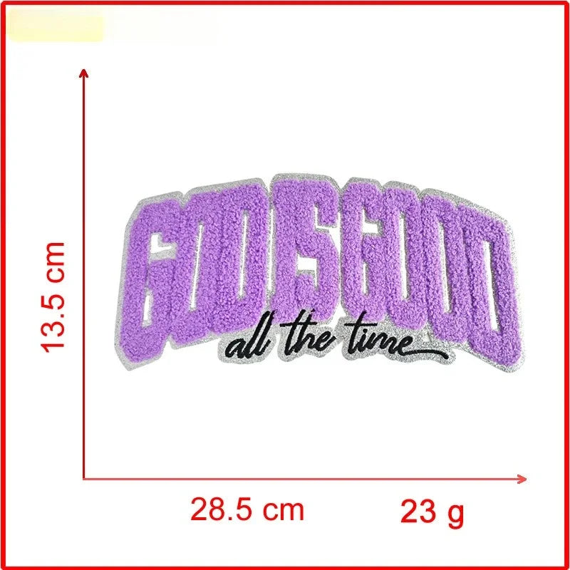 Purple embroidered patch with the text GODGOOD all the time on a white background.