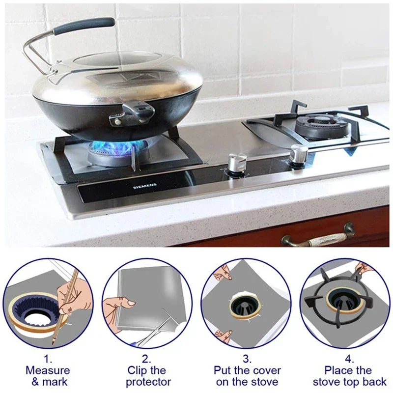 Instructions for installing a reusable aluminum stove burner protector mat on a Siemens stovetop.