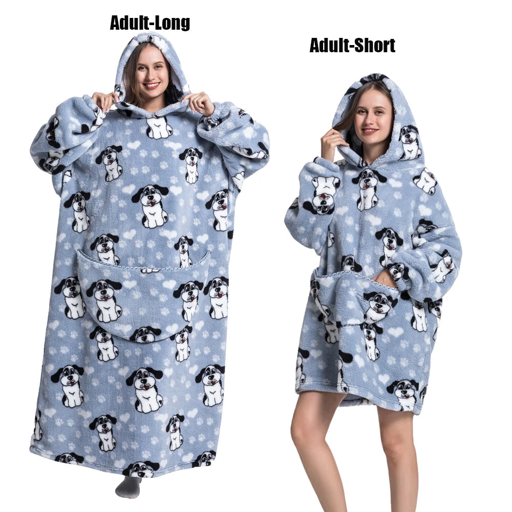 A woman models a light blue plush fleece blanket hoodie for adults, shown in both long and short styles.