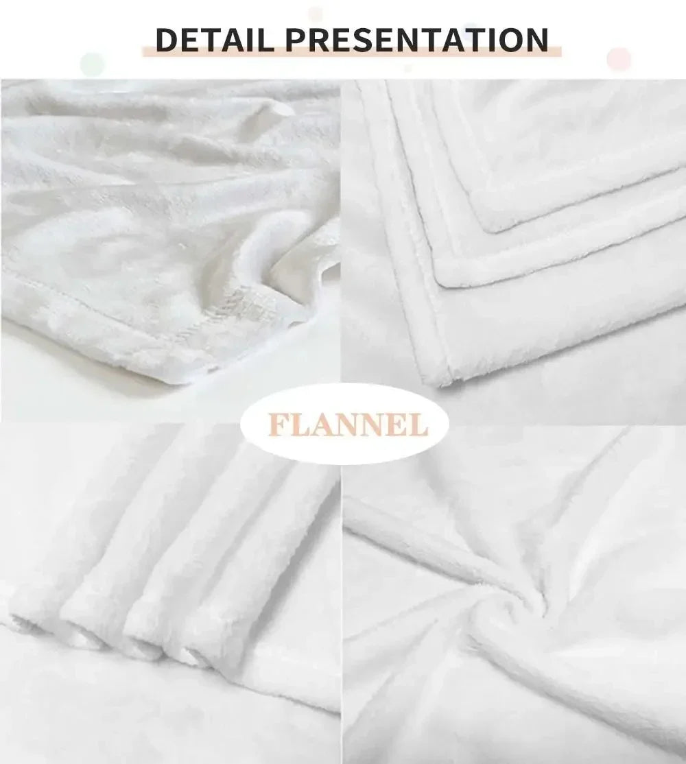 Detail presentation of white flannel blankets folded and displayed.