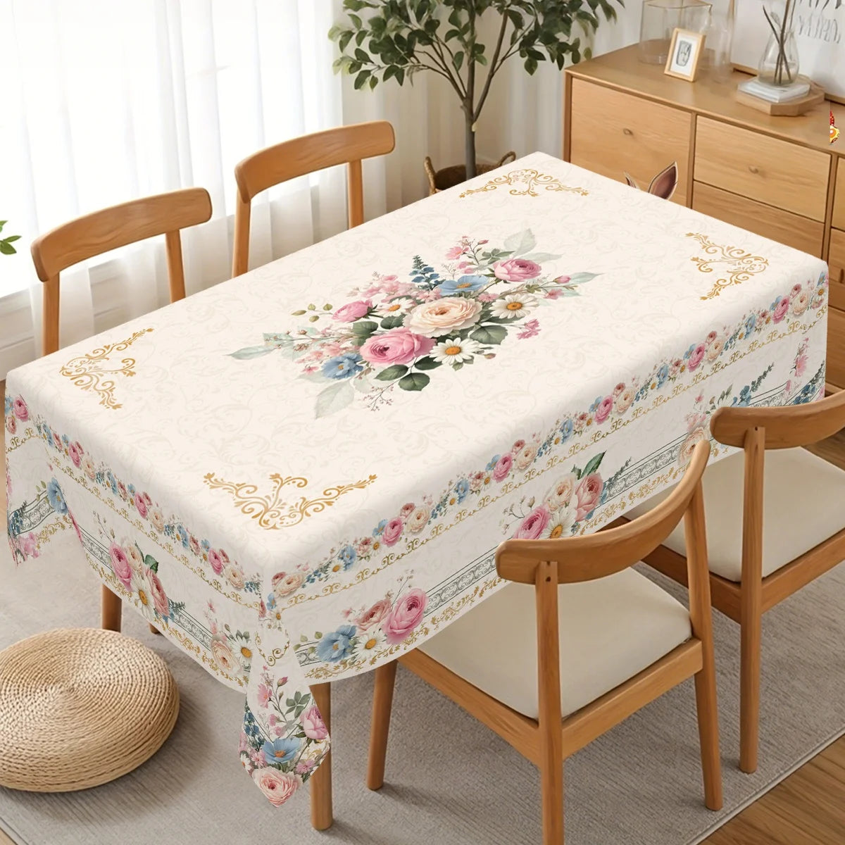 Vintage pink rose sunflower floral tablecloth displayed on a wooden dining table with matching chairs.