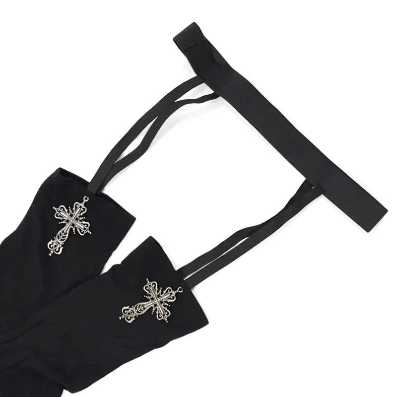 Black gothic lolita suspender socks with silver cross detailing