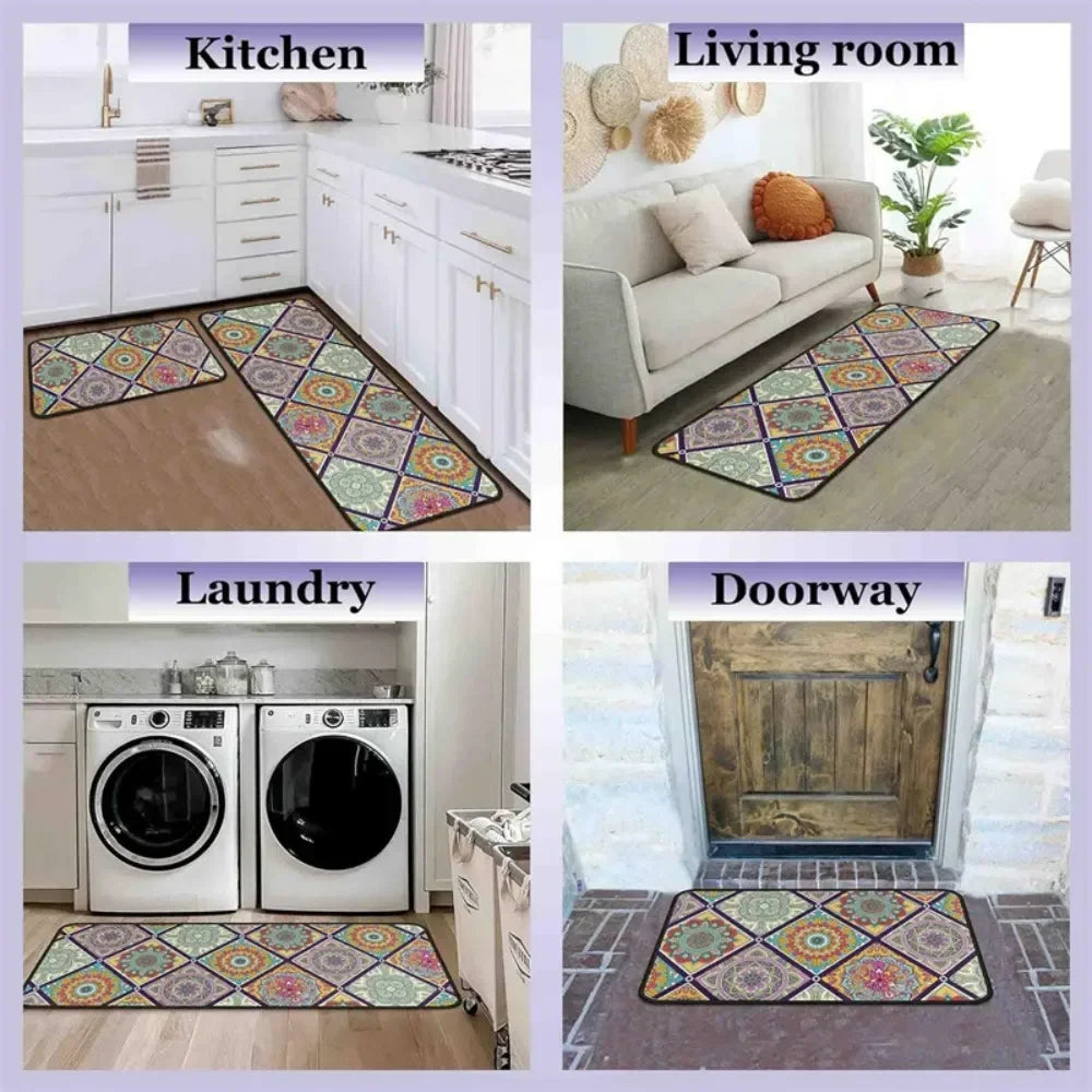 A collage showing kitchen, living room, laundry, and doorway scenes with colorful non-slip mats.