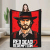 A dark red and black graphic blanket featuring a portrait of a rugged man in a hat, titled Red Dead Redemption 2 Redemption.