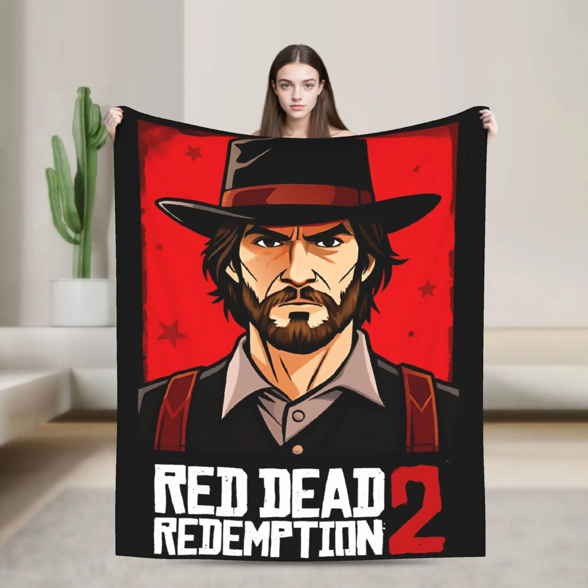 A dark red and black graphic blanket featuring a portrait of a rugged man in a hat, titled Red Dead Redemption 2 Redemption.