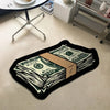 A black rug features a graphic design of stacked US dollar bills.