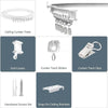 A set of curtain track components including ceiling tracks, end covers, gliders, clips, and snap-on brackets.