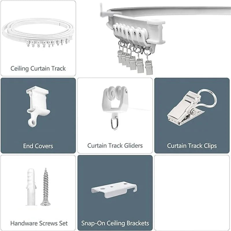 A set of curtain track components including ceiling tracks, end covers, gliders, clips, and snap-on brackets.