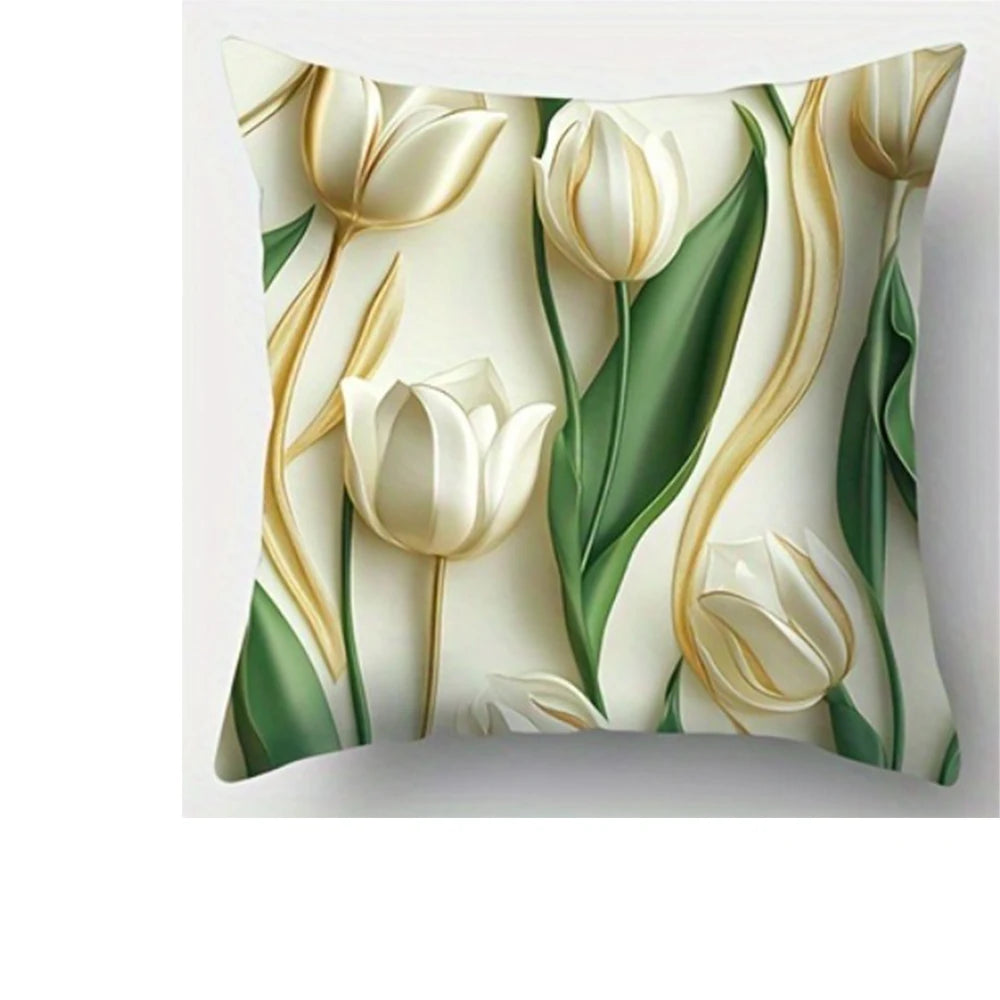 A decorative pillowcase featuring a botanical print of white tulips and green leaves with gold accents.