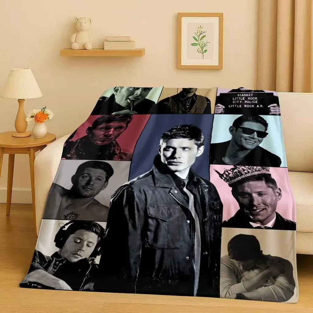 A large print blanket featuring various actors in dramatic black and white portraits.