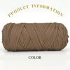 A skein of thick, brown polyester blended yarn is shown rolled up on a white background.
