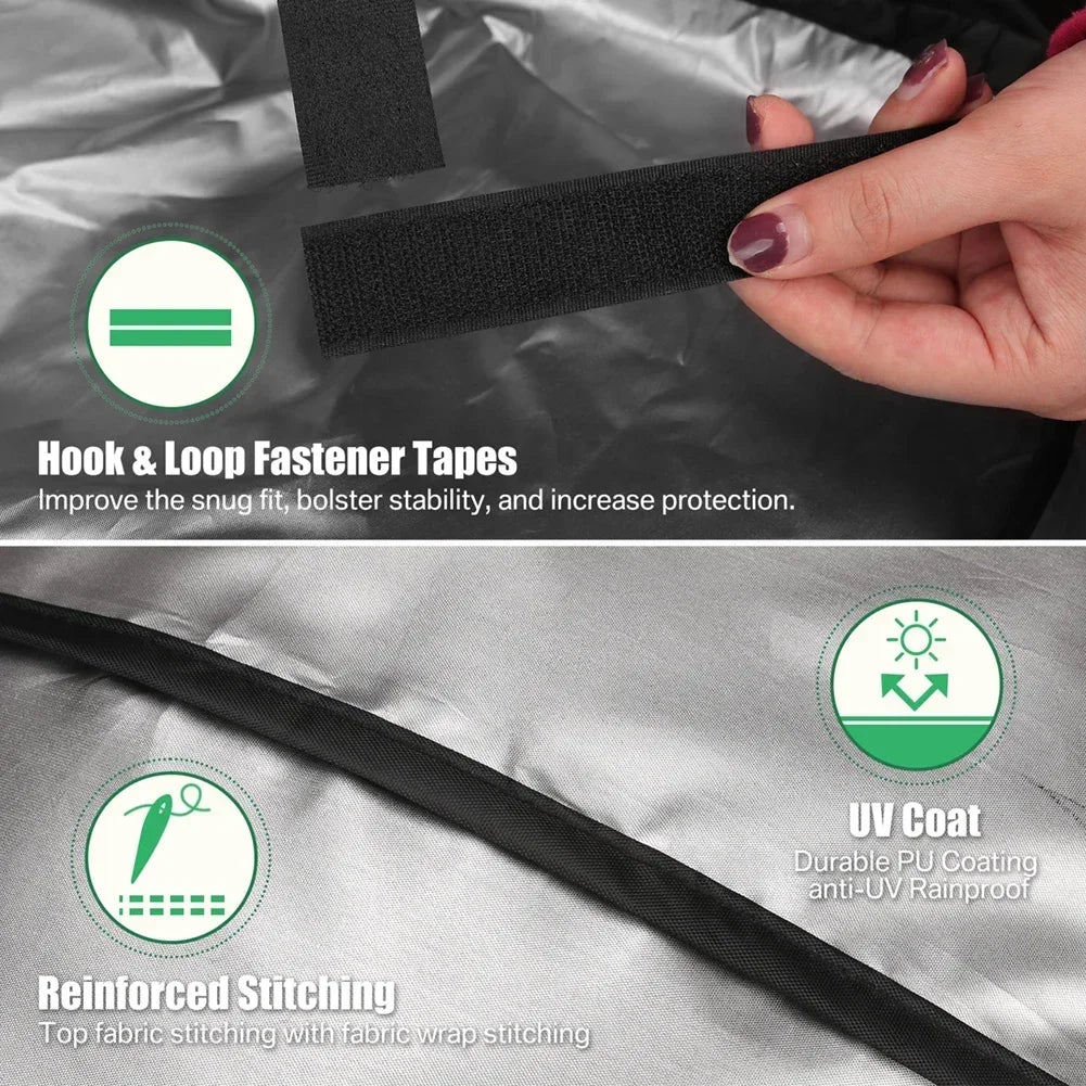 Close-up of a black waterproof grill cover showing hook and loop fasteners, reinforced stitching, and an UV coat.