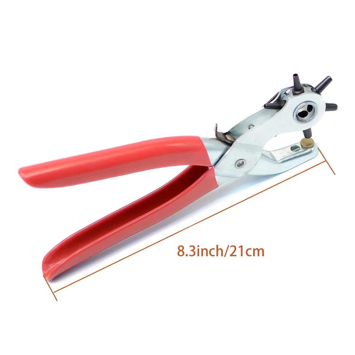 A pair of red precision rotating leather punch set pliers shown against a white background.