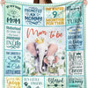 A colorful print blanket featuring text and illustrations celebrating motherhood, such as Mom to be, Mom, and Mommy.