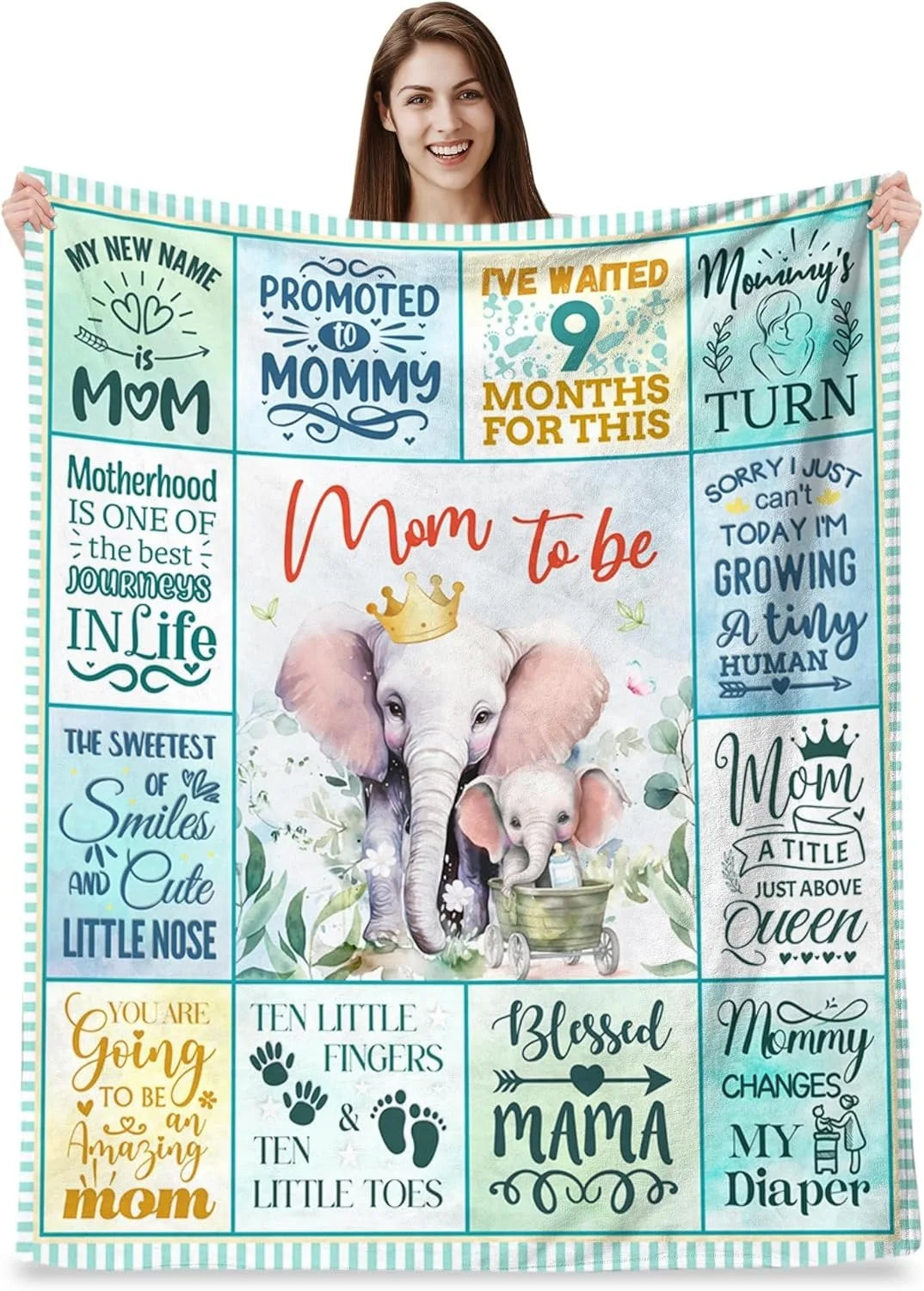 A colorful print blanket featuring text and illustrations celebrating motherhood, such as Mom to be, Mom, and Mommy.