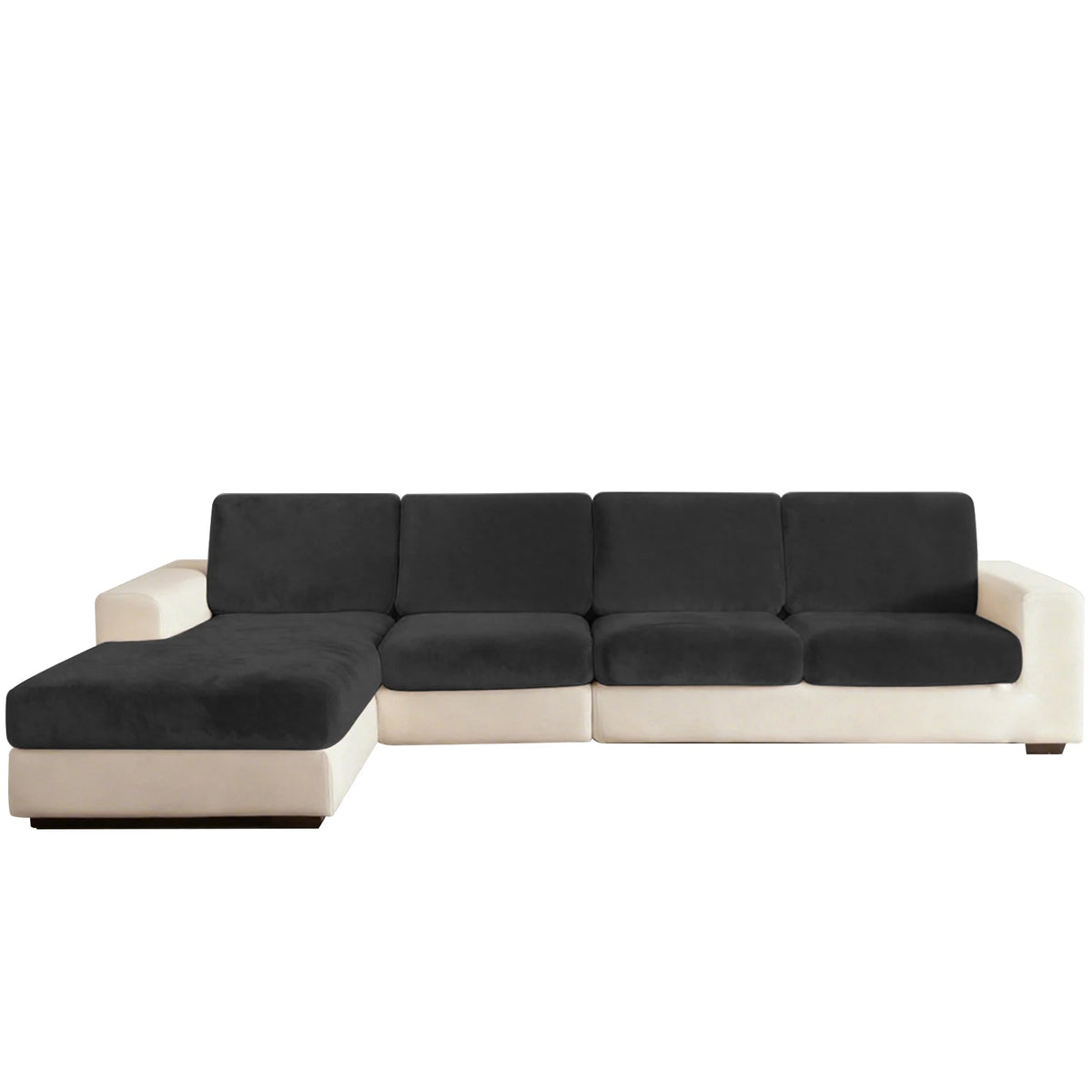 A modern sectional sofa in dark gray fabric with light beige trim and seat cushions.