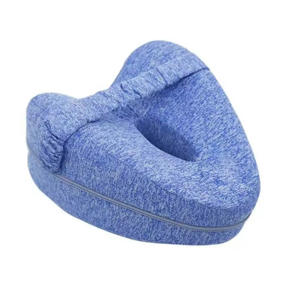 A light blue memory foam heart-shaped pillow designed for side sleepers and pregnancy support.