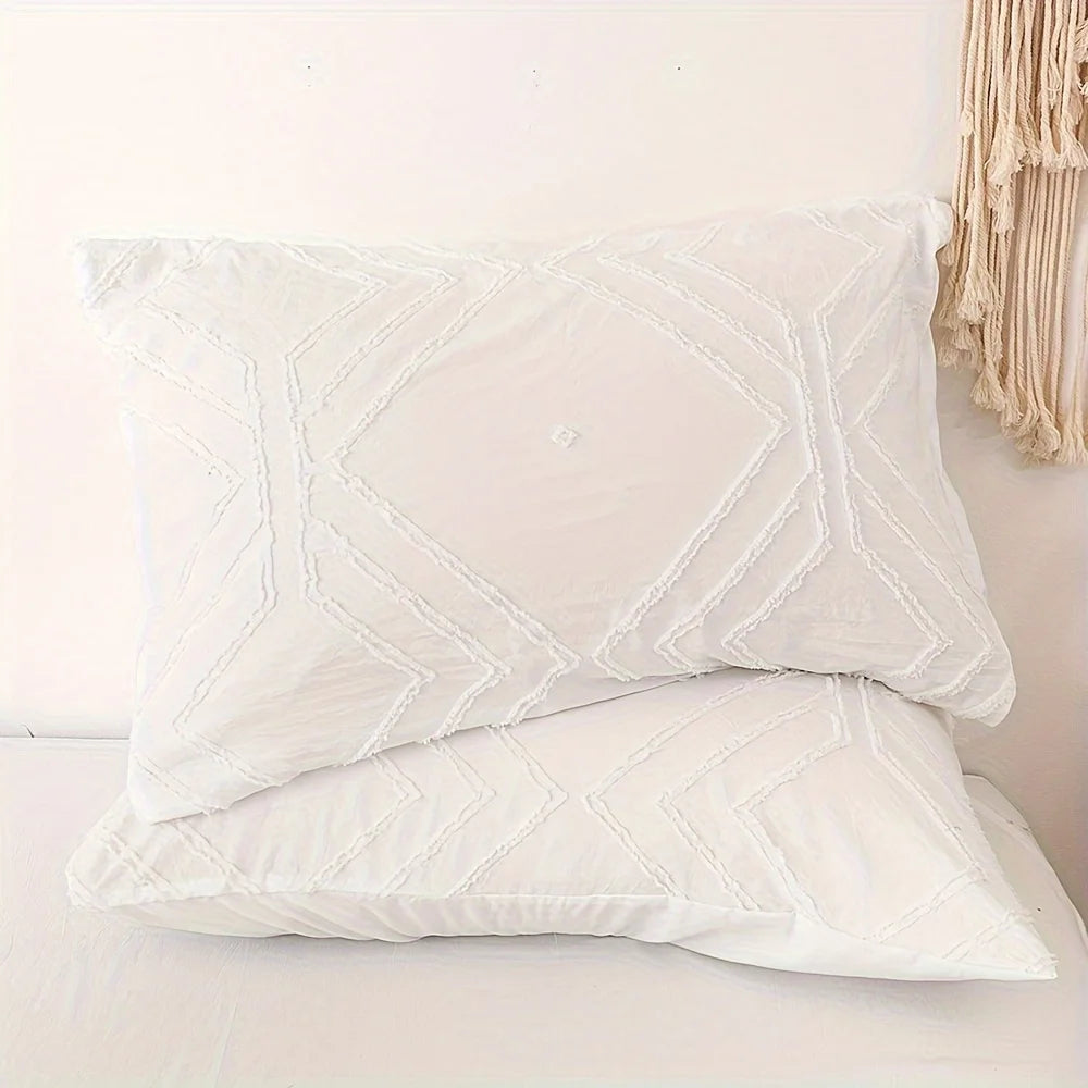 White bohemian grid tufted duvet cover set with fringe detail