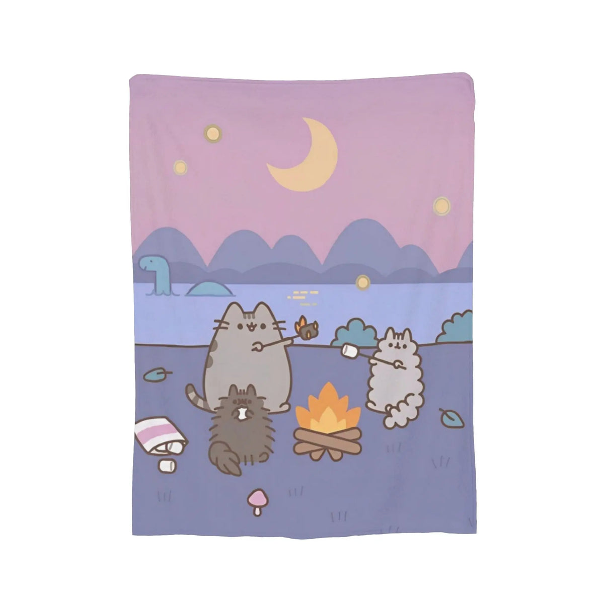 A soft purple blanket featuring a watercolor illustration of cats under a crescent moon and rolling hills.