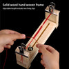 A hand is shown using a solid wood hand woven frame with red thread to create a bracelet.