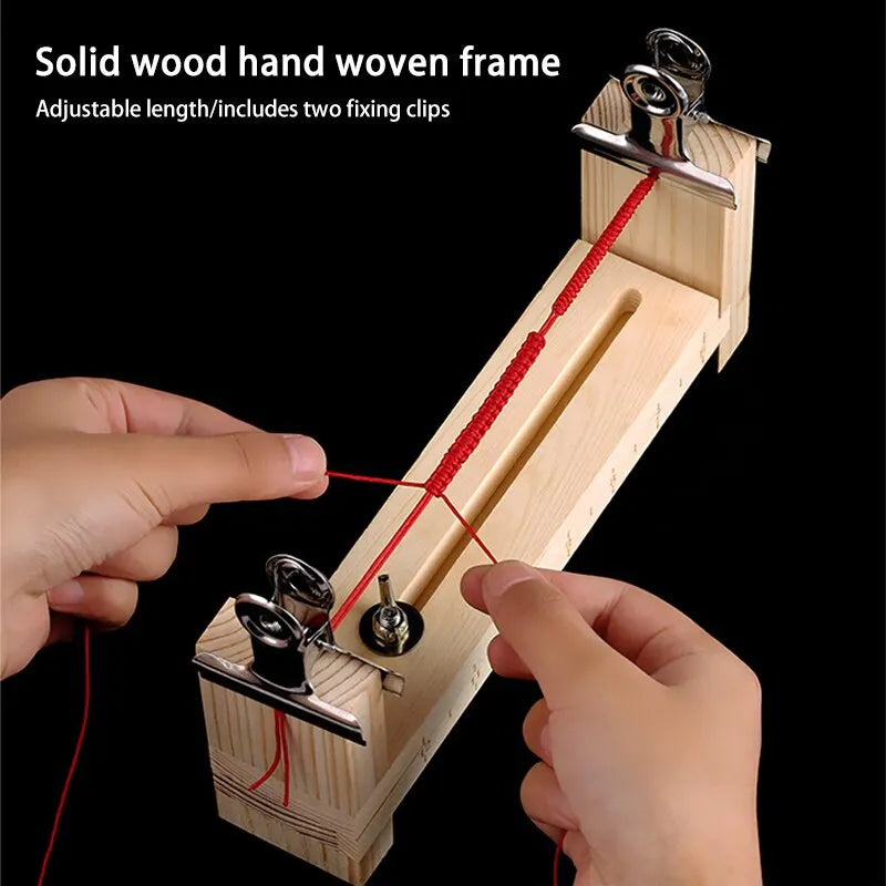 A hand is shown using a solid wood hand woven frame with red thread to create a bracelet.