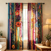 Colorful digital print patchwork curtains hanging in a window frame.