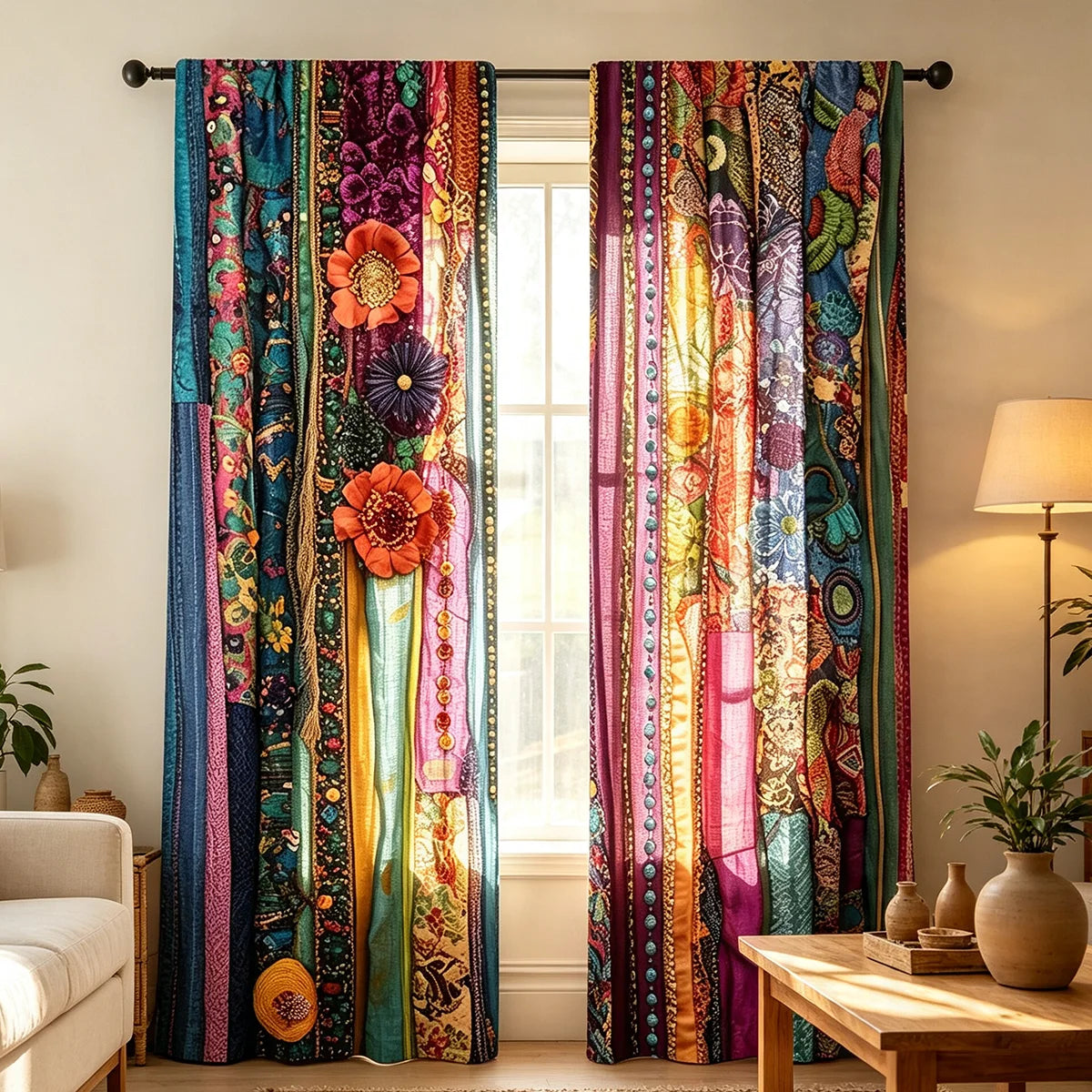 Colorful digital print patchwork curtains hanging in a window with floral and abstract patterns.