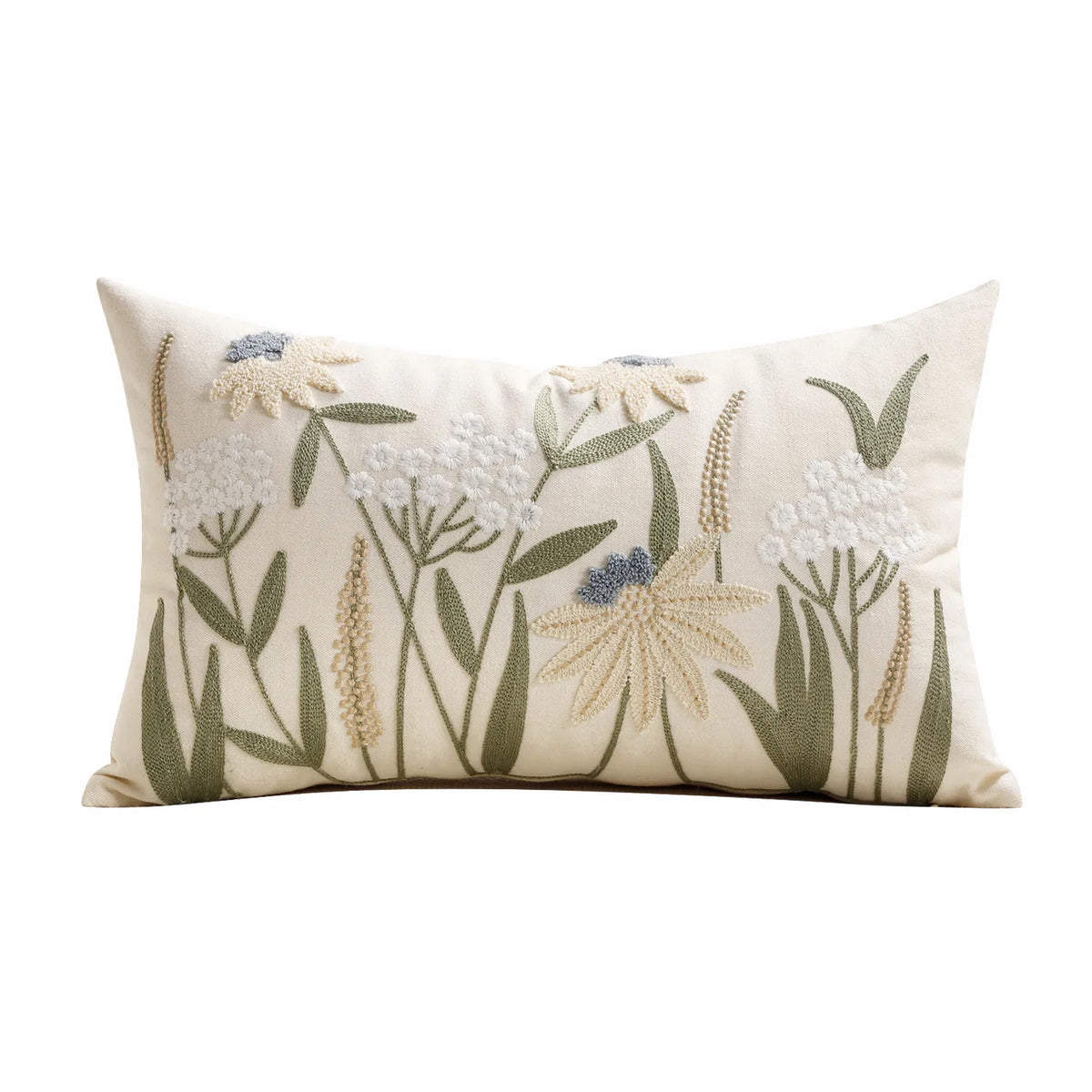 A beige throw pillow cover featuring embroidered floral designs in shades of green, cream, and light blue.