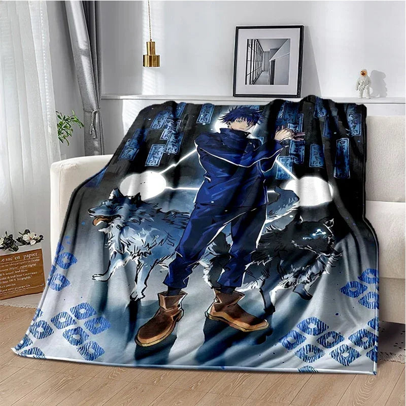 A dark blue and black anime-themed throw blanket featuring a character in a suit and wolf silhouettes.