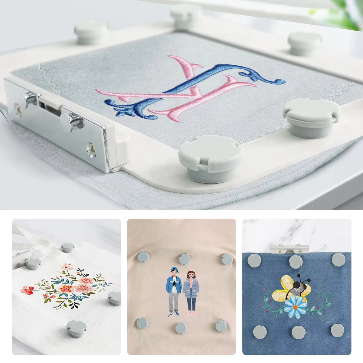 A set of four magnetic embroidery hoops and accessories for use with brother machines.