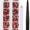 A clear plastic case containing various colored crystal hot fix rhinestones and an applicator tool.